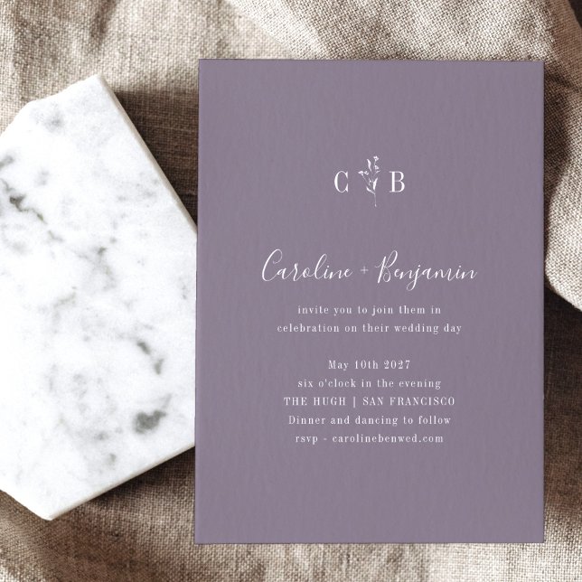 Minimalist Monogram Floral Dusky Purple Wedding Invitation (Creator Uploaded)
