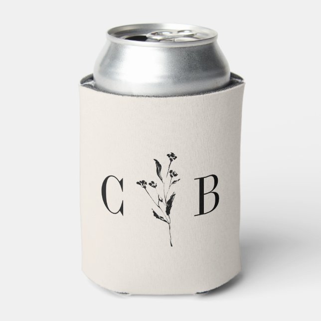 Minimalist Monogram Floral Ivory Cream Wedding Can Cooler (Can Front)