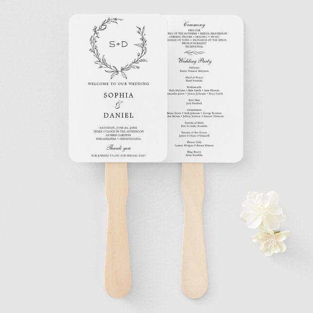 Minimalist Monogram Formal Wedding Program Fan (Front and Back)