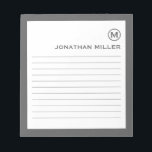 Minimalist Monogram Grey Lined Notepad<br><div class="desc">A modern minimalist lined notepad in grey and white. Custom monogram initial and name on a simple white background, framed by a grey border. Personalize using the fields provided or use the 'message' button to contact the designer for help.</div>