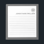 Minimalist Monogram Grey Lined Notepad<br><div class="desc">A modern minimalist lined notepad in grey and white. Custom monogram initial and name on a simple white background,  framed by a grey border. Personalize using the fields provided or use the 'message' button to contact the designer for help.</div>