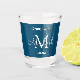 minimalist monogram groomsmen blue white   shot glass