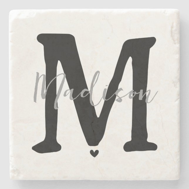 Minimalist Monogram Initial and Name Heart  Stone Coaster (Front)