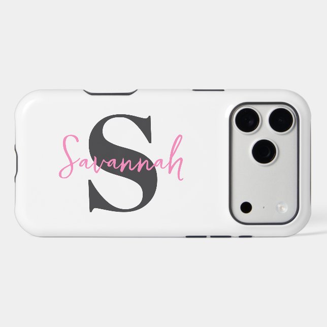 Minimalist Monogram Initial with Pink Script Name (Back (Horizontal))