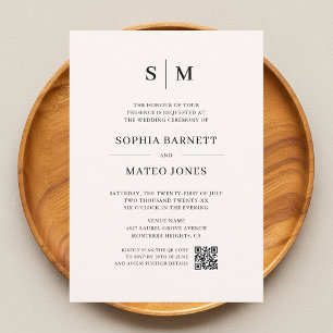 Minimalist Monogram Ivory Photo QR Code Wedding Invitation