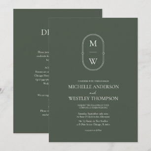 Minimalist Monogram Moss Green All in One Wedding Invitation