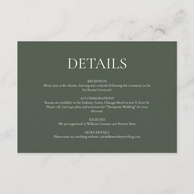 Minimalist Monogram Moss Green Wedding Details Enclosure Card (Front)