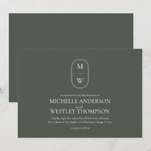 Minimalist Monogram Moss Green Wedding Invitation