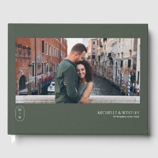 Minimalist Monogram Moss Green Wedding Photo Guest Book