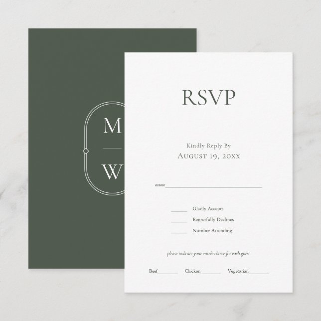 Minimalist Monogram Moss Green Wedding RSVP Card  (Front/Back)