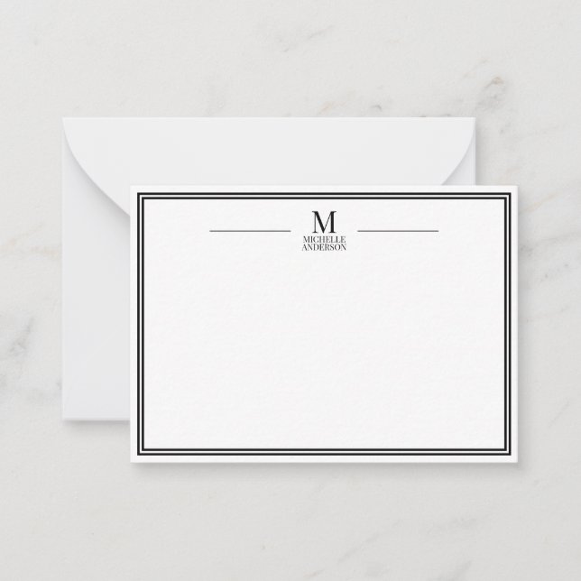 Minimalist Monogram Name Two Boarder Black & White Card (Front)