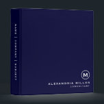 Minimalist Monogram Navy Blue Binder<br><div class="desc">Modern professional binder features a minimal design in a classic navy blue and white colour palette. Custom name presented in the lower right hand corner in stylish simple font with a complimentary minimal monogram medallion. Shown with a custom name and monogram initial on the front in modern typography, this personalized...</div>