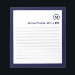Minimalist Monogram Navy Lined Notepad<br><div class="desc">A modern minimalist lined notepad in navy blue and white. Custom monogram initial and name on a simple white background, framed by a navy blue border. Personalize using the fields provided or use the 'message' button to contact the designer for help.</div>