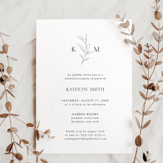 Minimalist Monogram Olive Leaf Bachelorette Party  Invitation (Creator Uploaded)