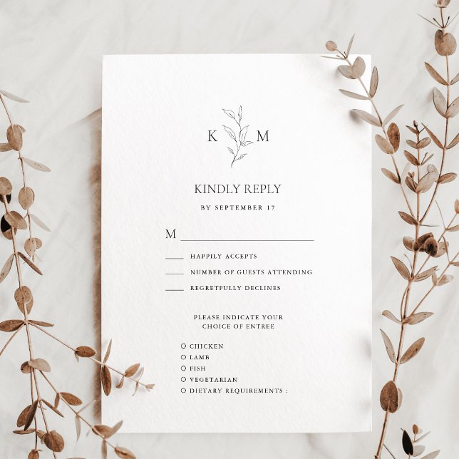 Minimalist Monogram Olive Leaf Branch Wedding RSVP Card (Creator Uploaded)