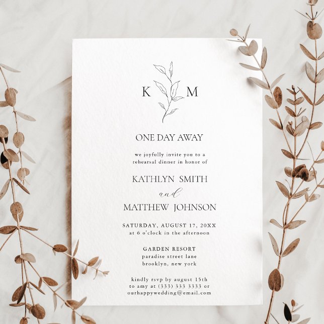 Minimalist Monogram Olive Leaf One Day Away Invitation (Creator Uploaded)
