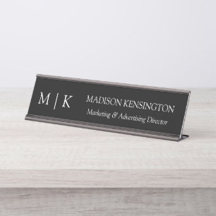 Minimalist Monogram or Add Logo Business Black Desk Name Plate