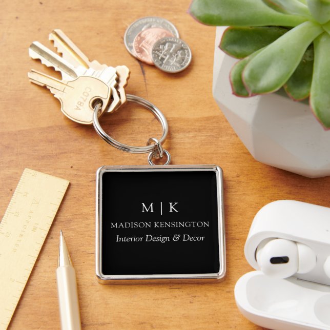 Minimalist Monogram or Add Logo Business Black Keychain (Desk)