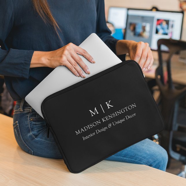 Minimalist Monogram or Add Logo Business Black Laptop Sleeve (Edit to Customize text, colors and more)
