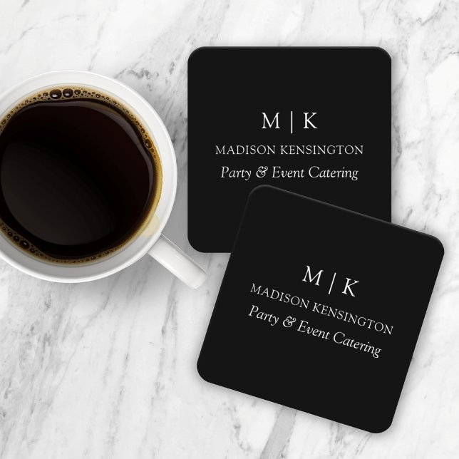 Minimalist Monogram or Add Logo Business Black Square Paper Coaster (Edit to Customize text, colors and more)