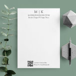 Minimalist Monogram or Add Logo Business QR Code Letterhead<br><div class="desc">Modern Minimalist Business Letterhead. Black & White or choose your custom colours. Add your website or social media web address to the QR Scan Code. Allow customers to use the scan to access information on your items such as products or services. Perfect for small business, company brands, self employed home...</div>