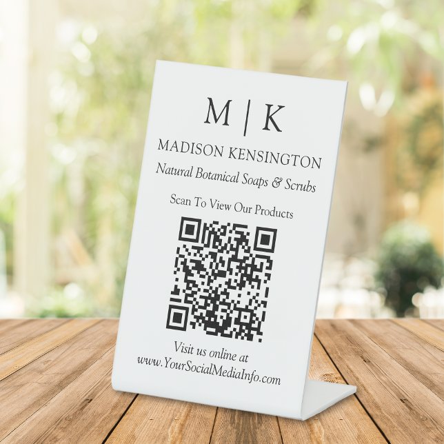Minimalist Monogram or Add Logo Business QR Code Pedestal Sign (Edit to Customize text, colors and more)