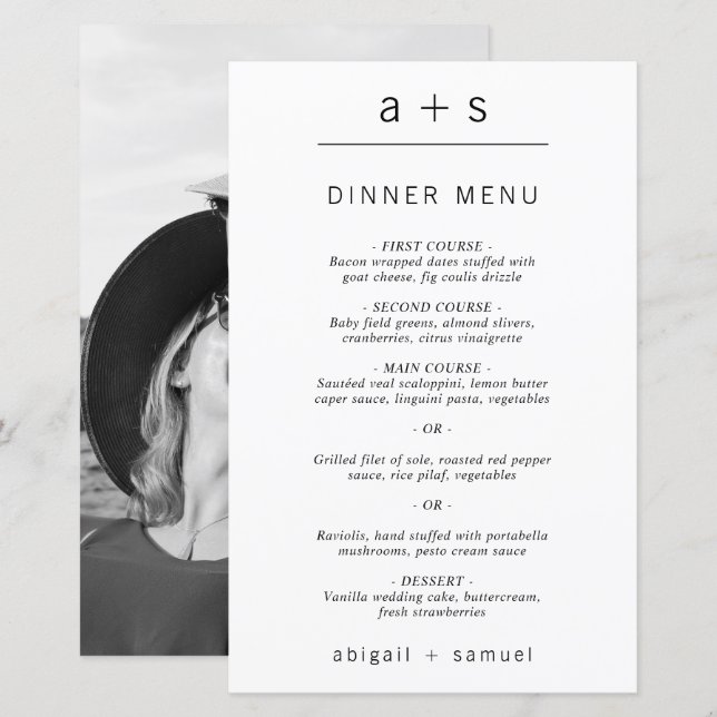 Minimalist Monogram Photo Simple Wedding Menu (Front/Back)