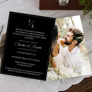 Minimalist Monogram Photo Wedding Black Invitation