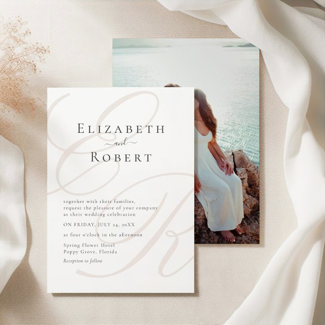 Minimalist Monogram Photo Wedding Invitation (Minimalist Beige Monogram Couple Photo Wedding Invitation on an elegant silk tableclothes.)