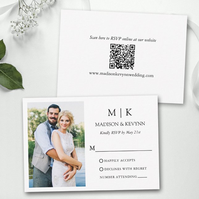 Minimalist Monogram Photo Wedding QR Code RSVP Card (Customize to change text size, text style or to add more text to back of card.)