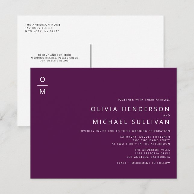 Minimalist Monogram Purple QR Code Wedding Invitation Postcard (Front/Back)