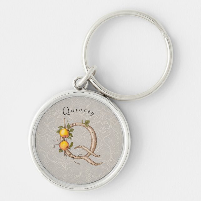 Minimalist Monogram Q: Quince Flowers & Vines Keychain (Front)