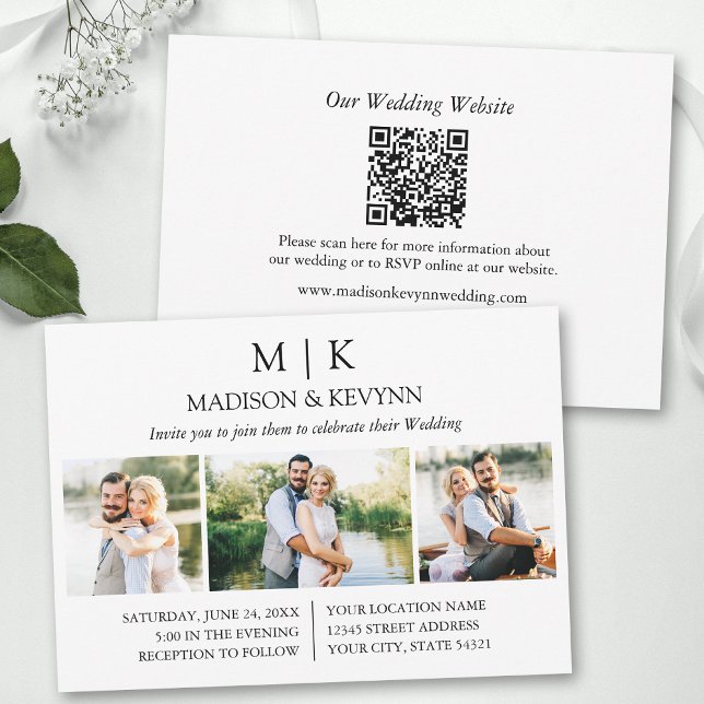 Minimalist Monogram QR Code Wedding 3 Photo Invitation (Add your wedding website or social media web address to the QR Scan Code.)