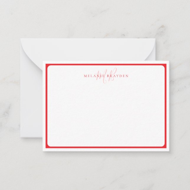 Minimalist Monogram Red Pointed Curve Border Card (Front)