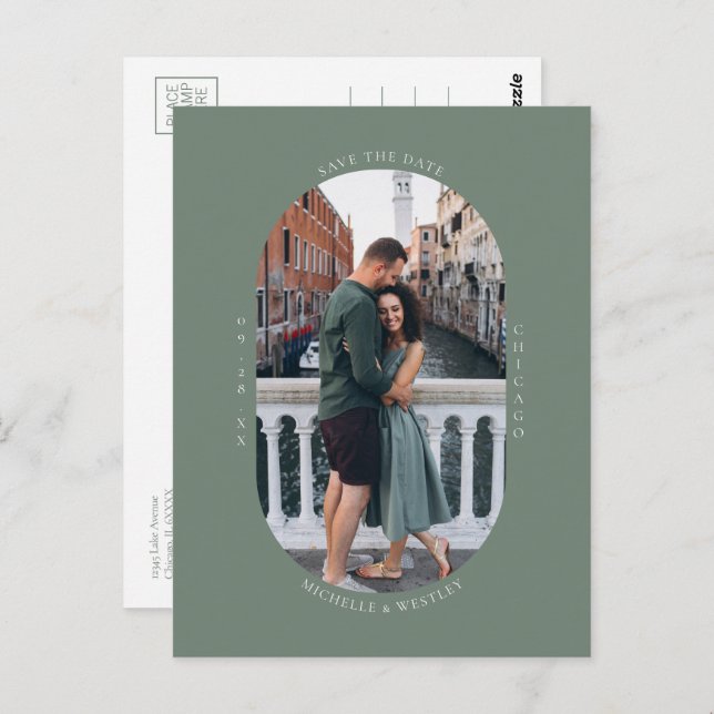 Minimalist Monogram Sage Green Photo Save the Date Postcard (Front/Back)