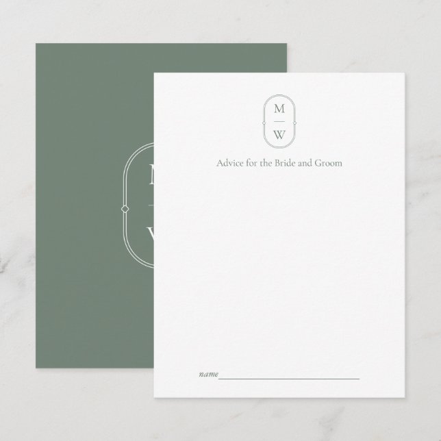 Minimalist Monogram Sage Green Wedding Advice Card (Front/Back)