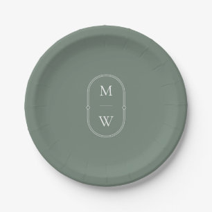 Minimalist Monogram Sage Green Wedding Paper Plate