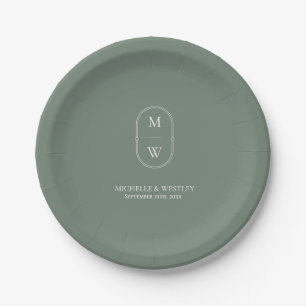 Minimalist Monogram Sage Green Wedding Paper Plate