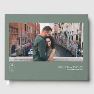 Minimalist Monogram Sage Green Wedding Photo Guest Book