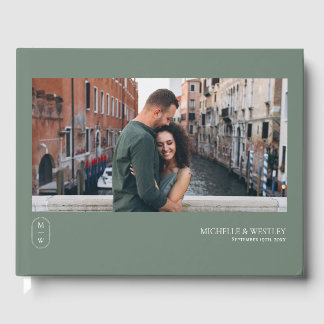 Minimalist Monogram Sage Green Wedding Photo Guest Book