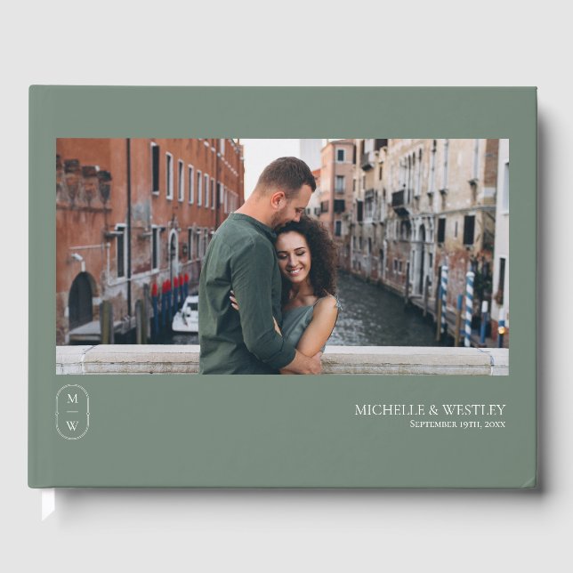 Minimalist Monogram Sage Green Wedding Photo Guest Book (Front)