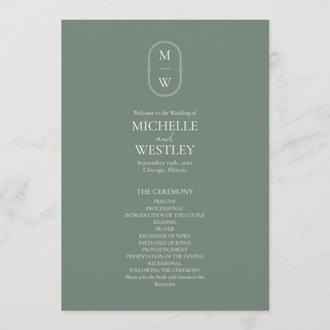 Minimalist Monogram Sage Green Wedding Program (Front)
