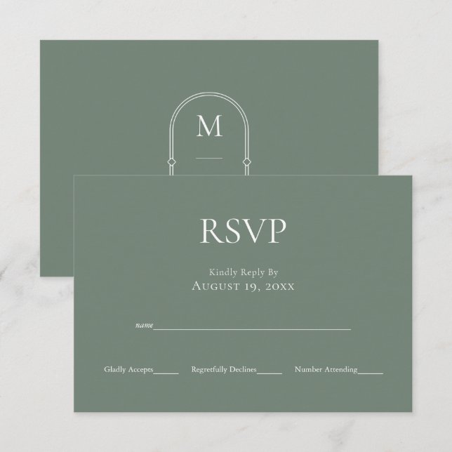 Minimalist Monogram Sage Green Wedding RSVP Card (Front/Back)