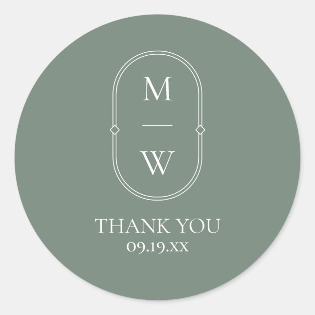 Minimalist Monogram Sage Green Wedding Thank You Classic Round Sticker (Front)
