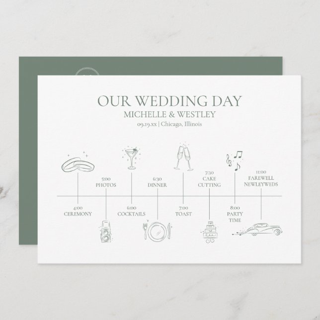 Minimalist Monogram Sage Green Wedding Timeline Program (Front/Back)