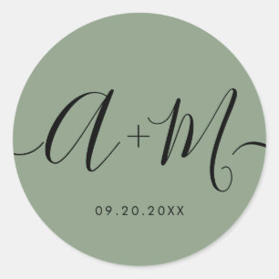 Minimalist Monogram Script Custom green Wedding Classic Round Sticker