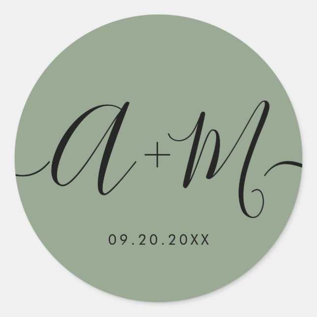 Minimalist Monogram Script Custom green Wedding Classic Round Sticker (Front)