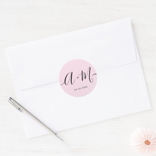 Minimalist Monogram Script Custom Pink wedding Classic Round Sticker (Envelope)
