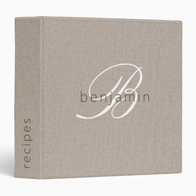 Minimalist Monogram Script Faux Linen Recipe Binder (Front/Spine)