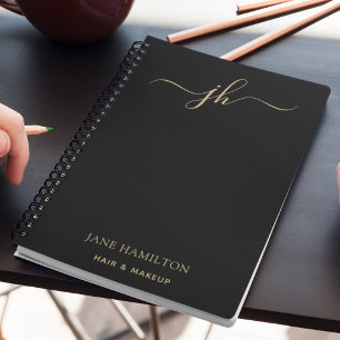 Minimalist Monogram Script Name Black Gold Notebook